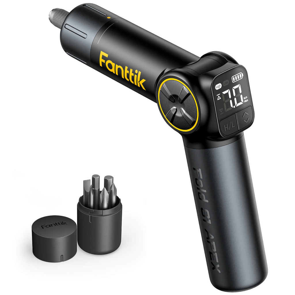 Fanttik Fold S1 APEX cordless screwdriver with digital torque display and included bits.