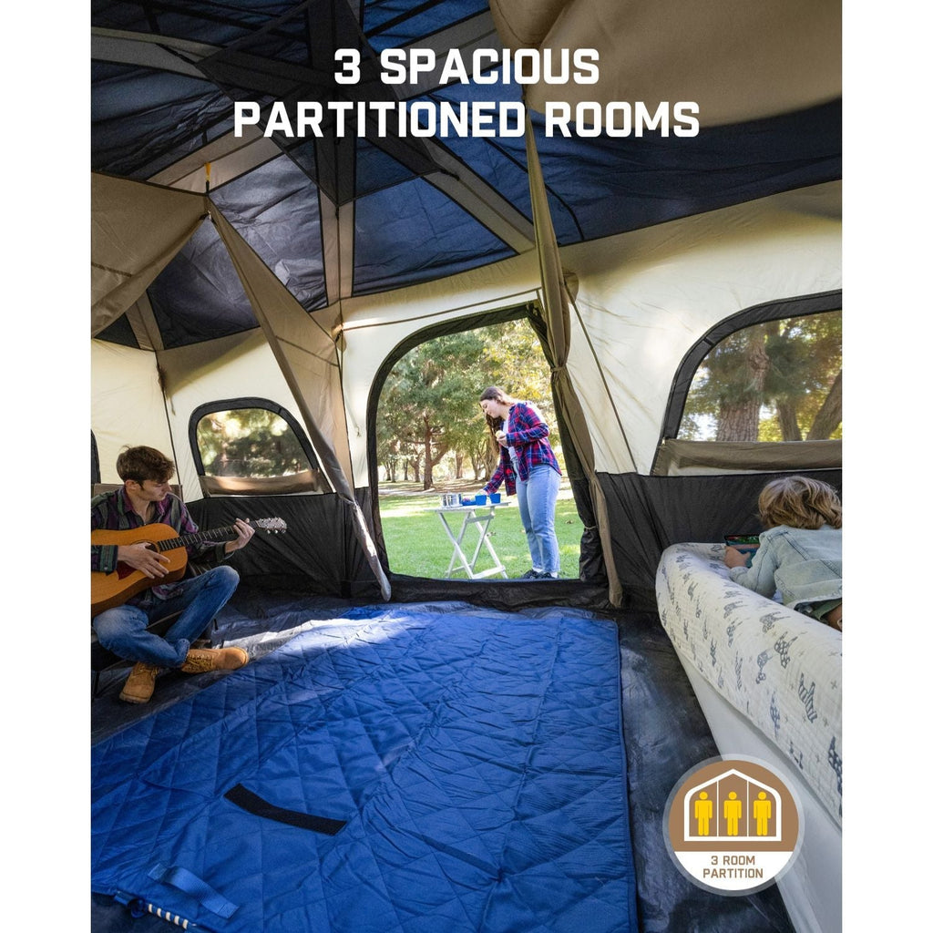 FanttikOutdoor Zeta C12 Pro Max 12 person camping tent interior with 3 partitioned rooms, featuring a man playing guitar.