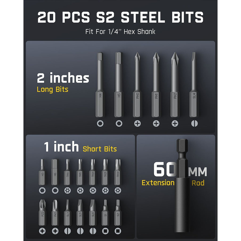 Fanttik L2 Pro: 20 S2 steel screwdriver bits, 2-inch long bits, 1-inch short bits, and 60mm extension rod for 1/4" hex shank.