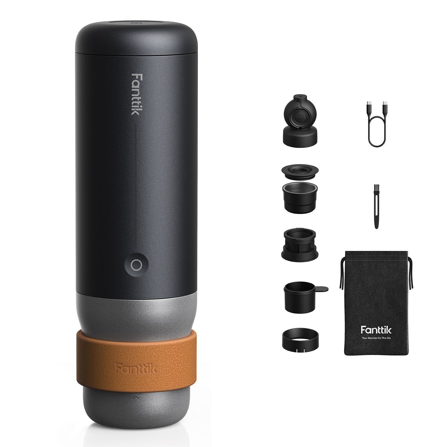 Fanttik Cafein 11 Portable Coffee Machine with accessories on a white background