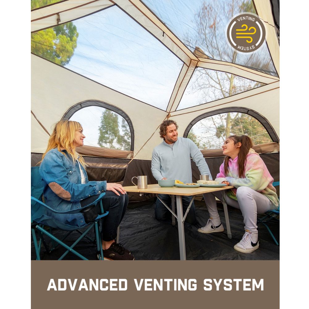 Fanttik 6-person tent interior with family; advanced venting system shown.