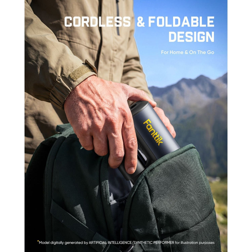 Person holding a black Pressure washer  with 'Fonitik' branding, set against a mountainous landscape.