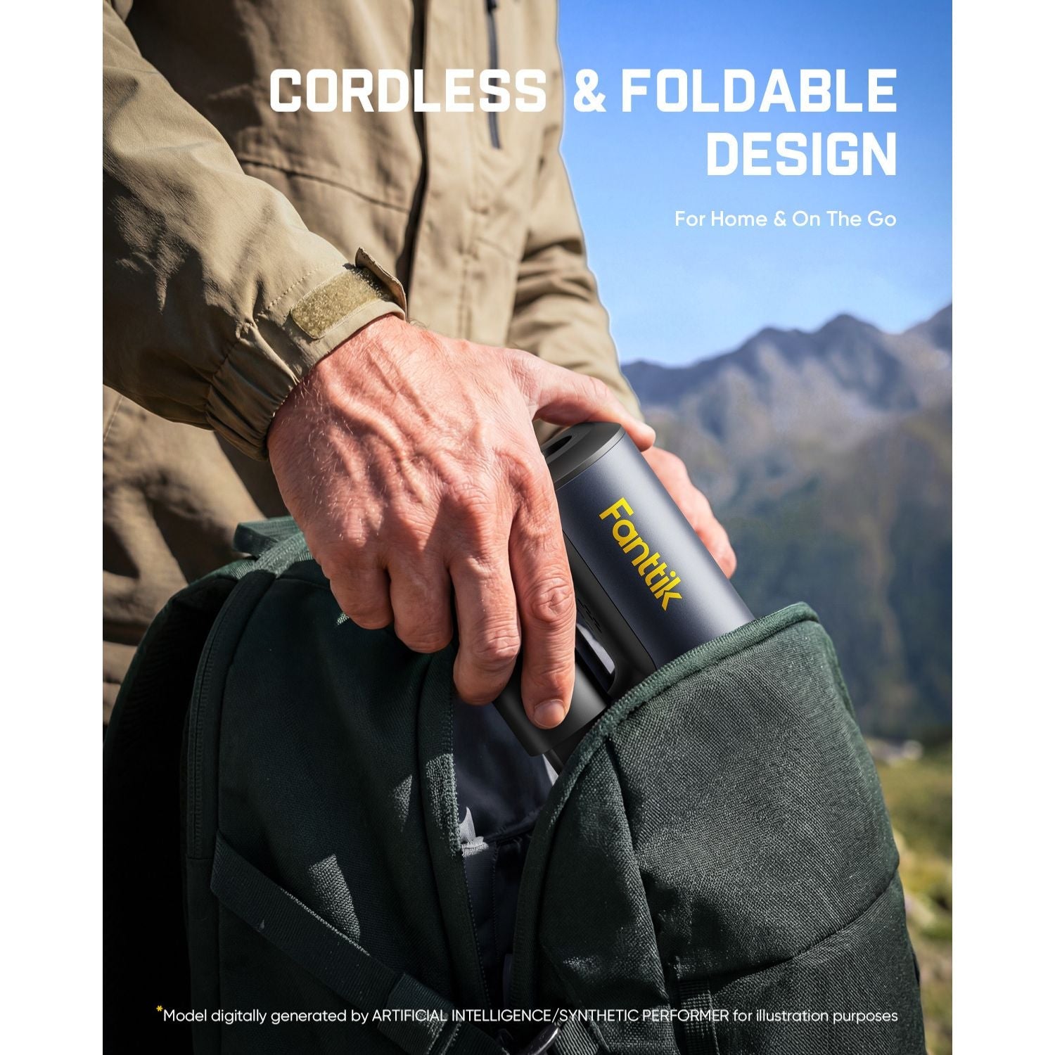 Person holding a black Pressure washer  with 'Fonitik' branding, set against a mountainous landscape.