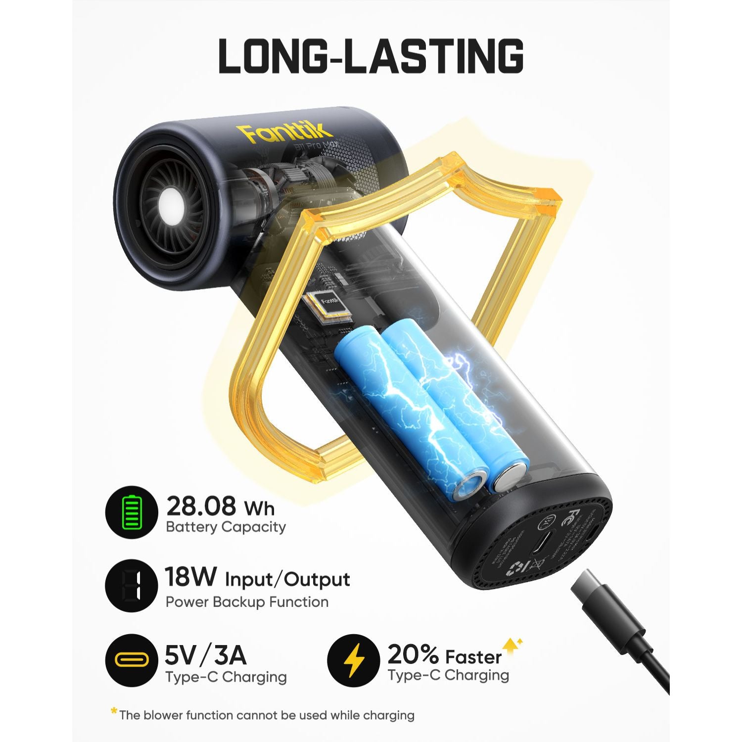 Fanttik B11 Pro Max electric air duster battery details, 28.08Wh, 18W USB-C charging