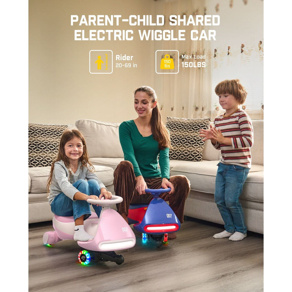 FanttikRide N7 Pro electric wiggle car with parent and kids, featuring 360° control and 150 lb max load.