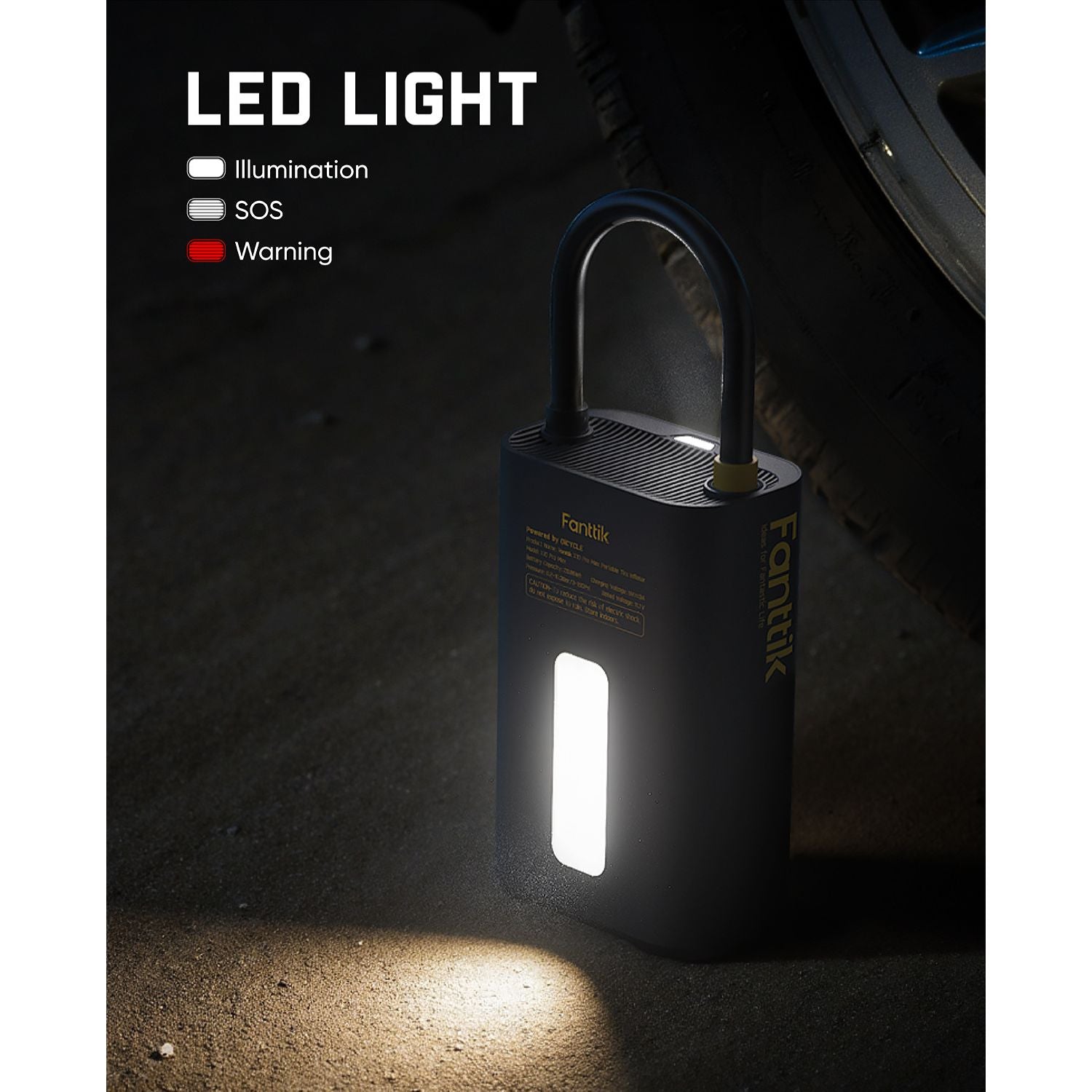 Fanttik X10 Pro Max tire inflator with LED light and SOS warning modes