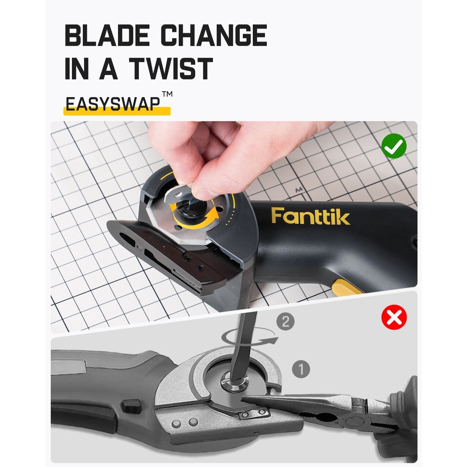 Fanttik C10 Pro electric scissors: EasySwap blade change. Top: Correct insertion (green check). Bottom: Incorrect manual method (red X).