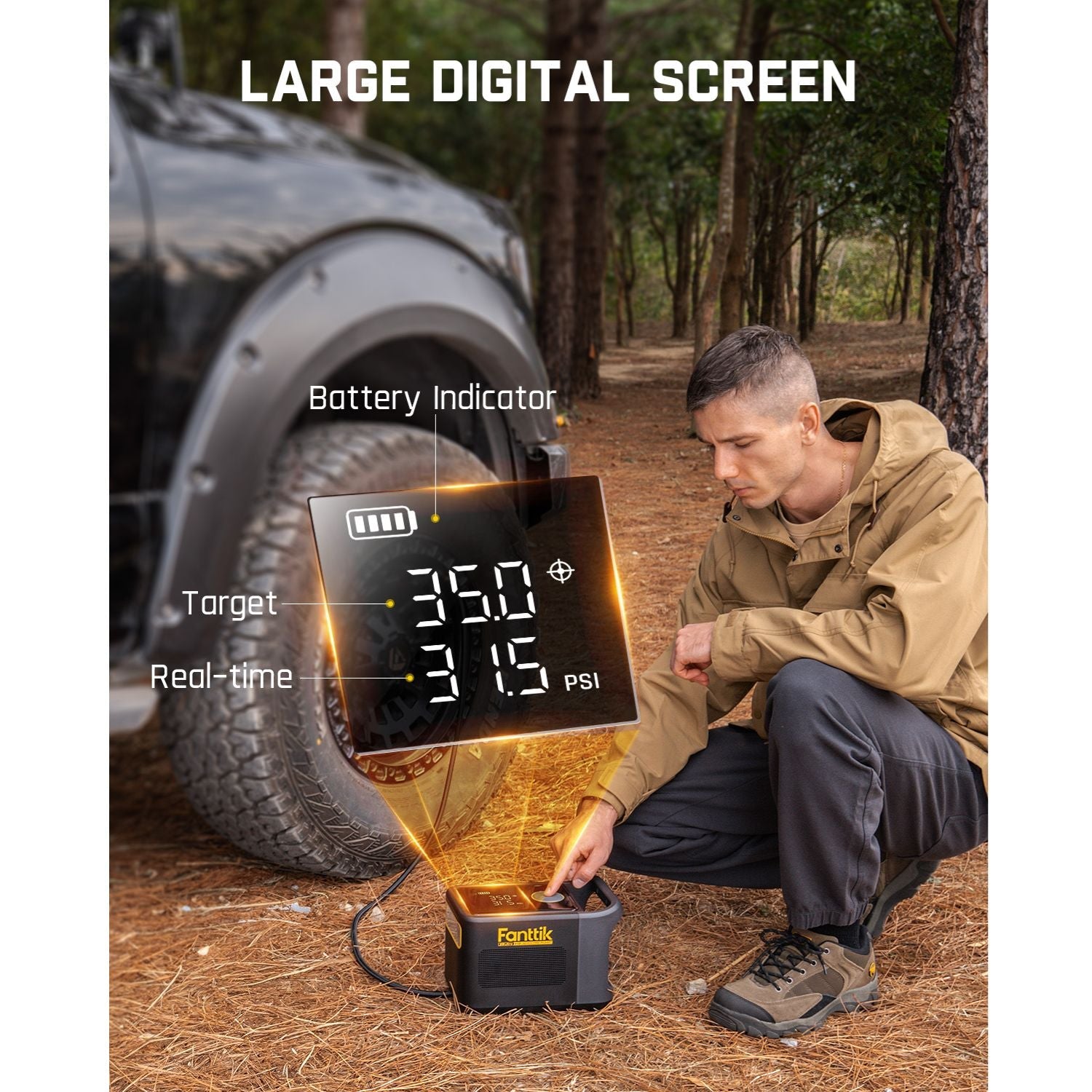 Fanttik X9 Ultra tire inflator shows target 35.0 PSI and real-time 31.5 PSI on large digital screen.