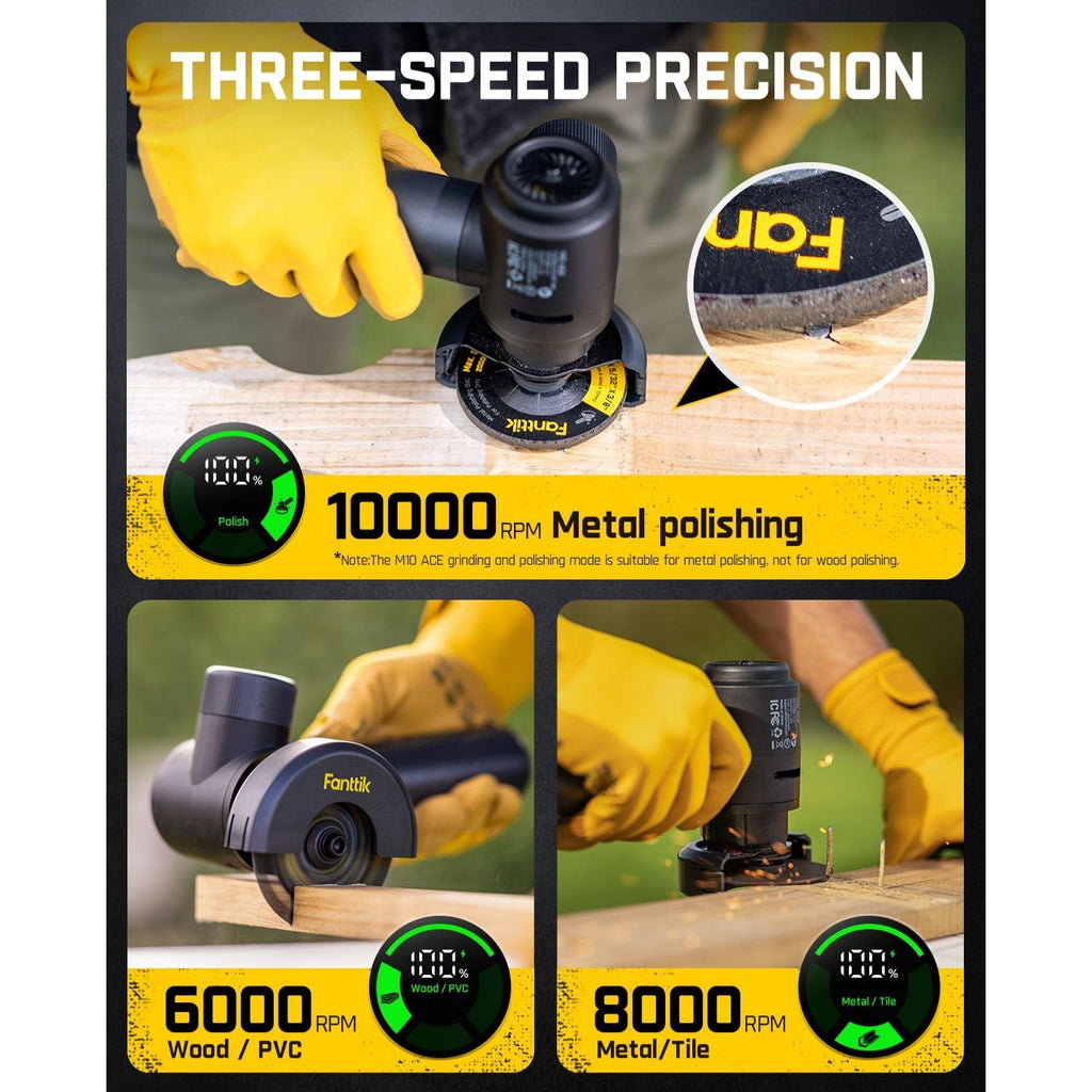 Fanttik M10 ACE: 10000 RPM metal polishing, 6000 RPM wood/PVC, 8000 RPM metal/tile. Smart LED display shows modes and battery.