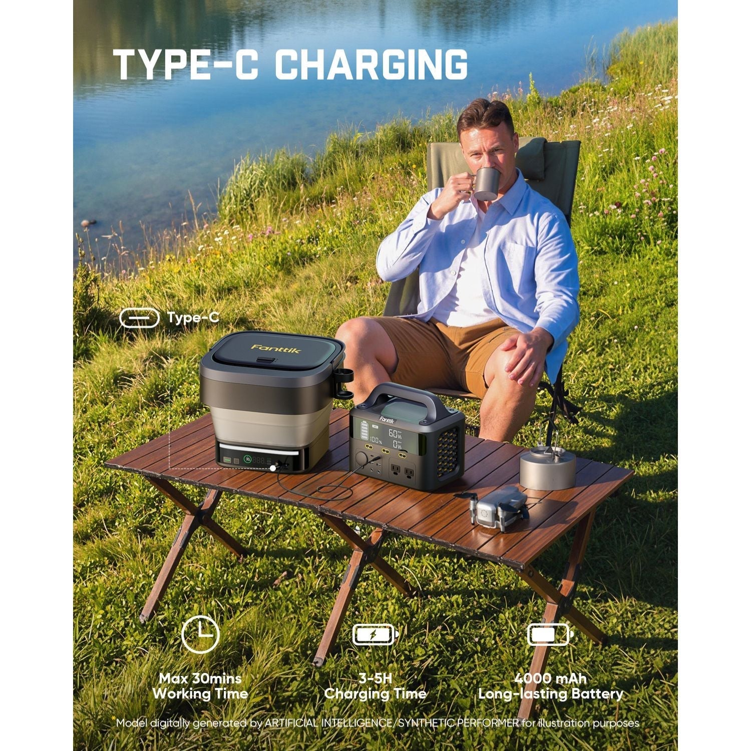 Man sitting outdoors by a lake with camping gear, including a Fanttik NB10 Fold Cordless Pressure Washer and solar panel, with text about type-C charging.