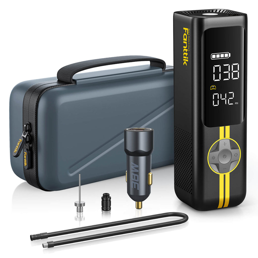 Fanttik X8 APEX EV tire inflator deluxe package with accessories and carrying case. Digital display shows tire pressure.