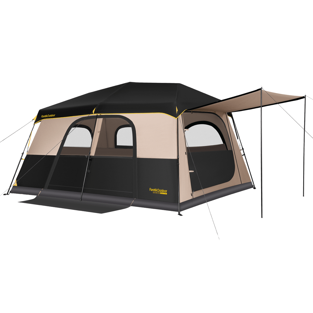 FanttikOutdoor Zeta C8/C10 Apex camping tent with black rainfly, beige walls, and side awning