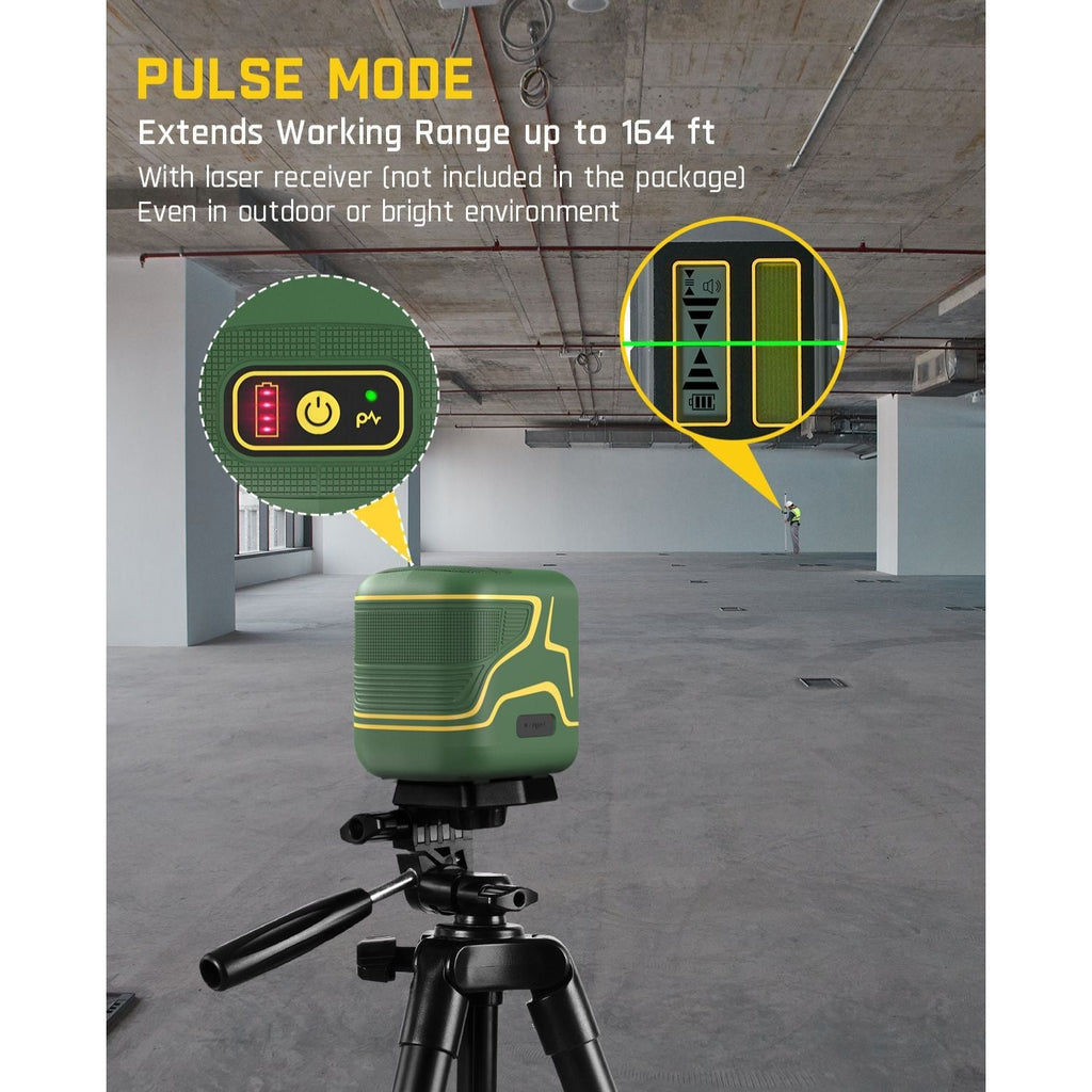 Fanttik D2 Cross Line Laser Level with pulse mode extending range to 164ft, featuring battery indicator and outdoor use.