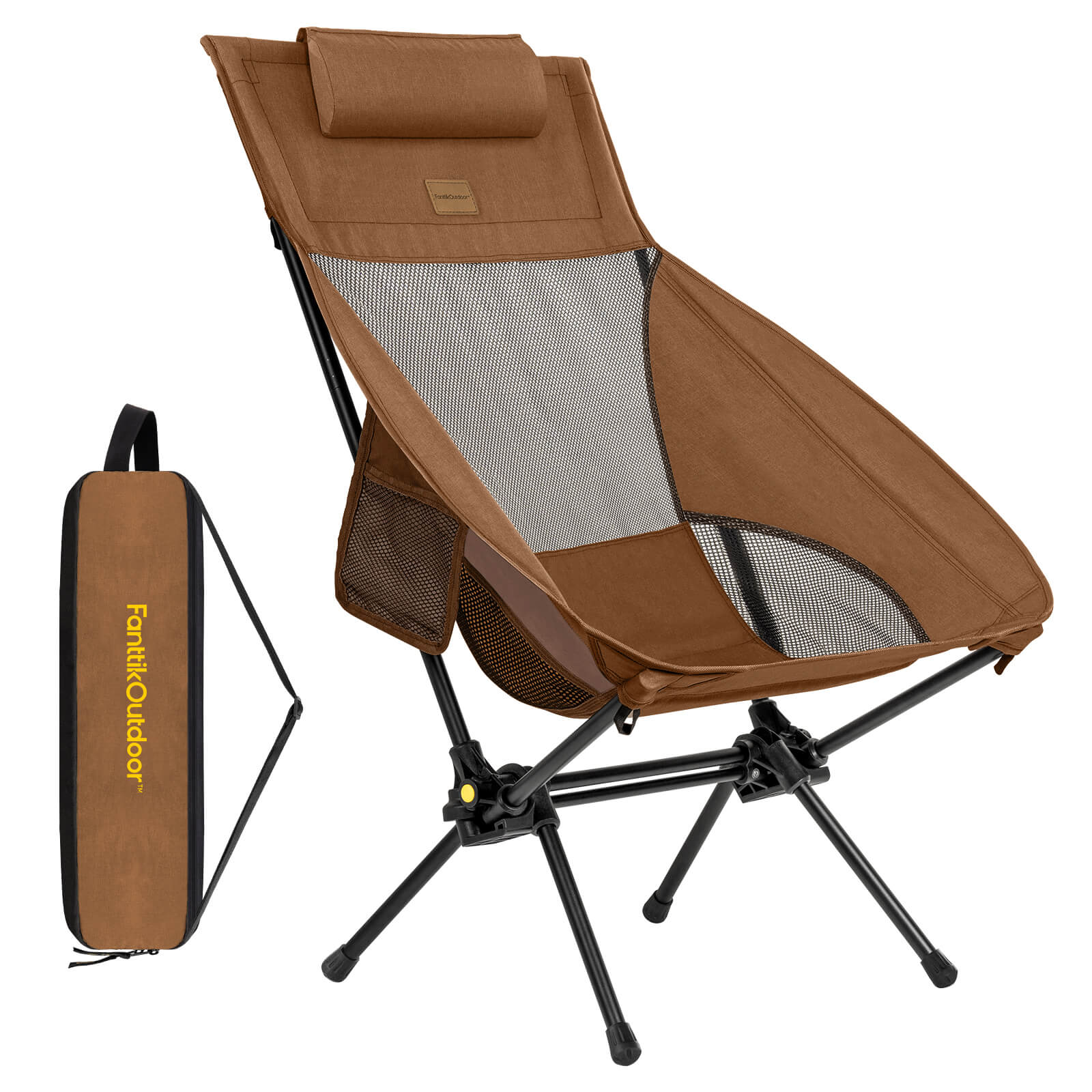 FanttikOutdoor Zeta L8 Max Rocker Camping Chair in brown, with carrying bag. Lightweight aluminum frame and mesh.