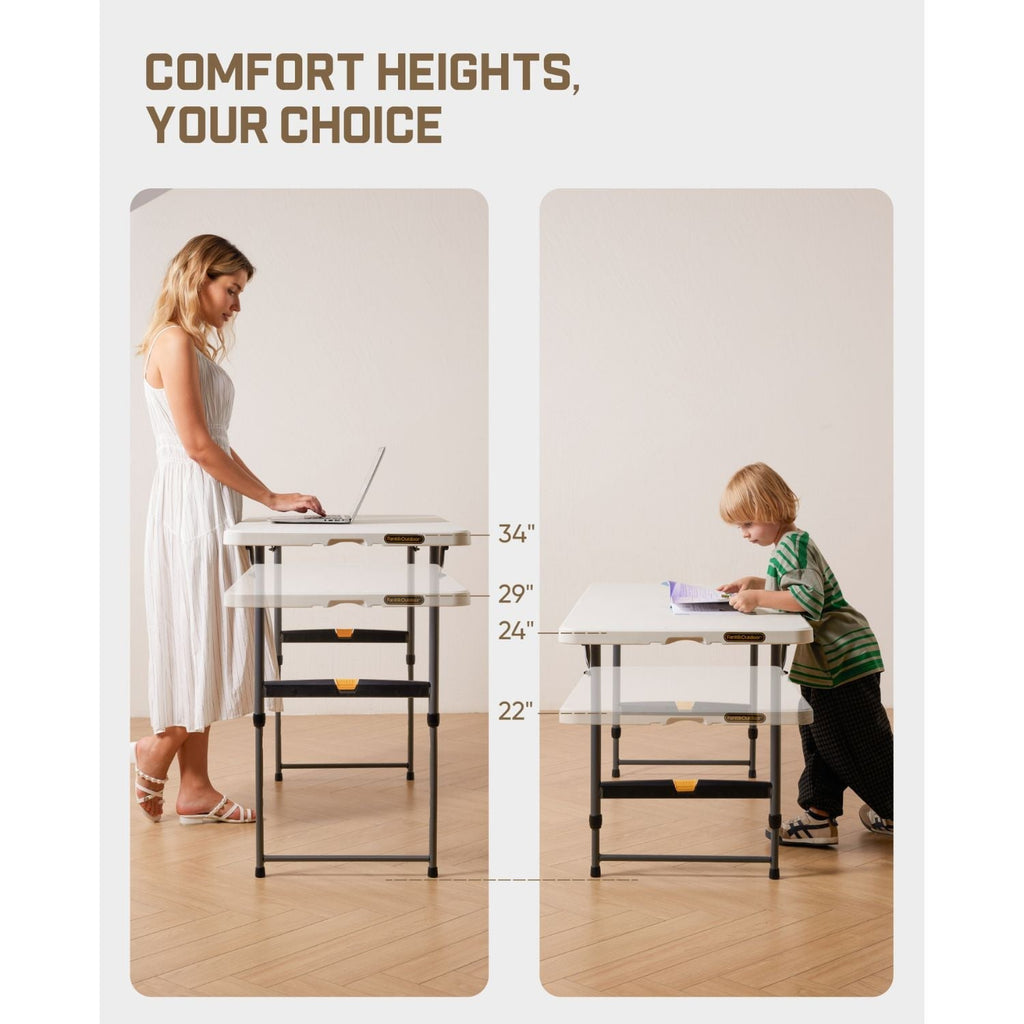FanttikOutdoor folding table with 4 adjustable heights, shown with adult and child using it