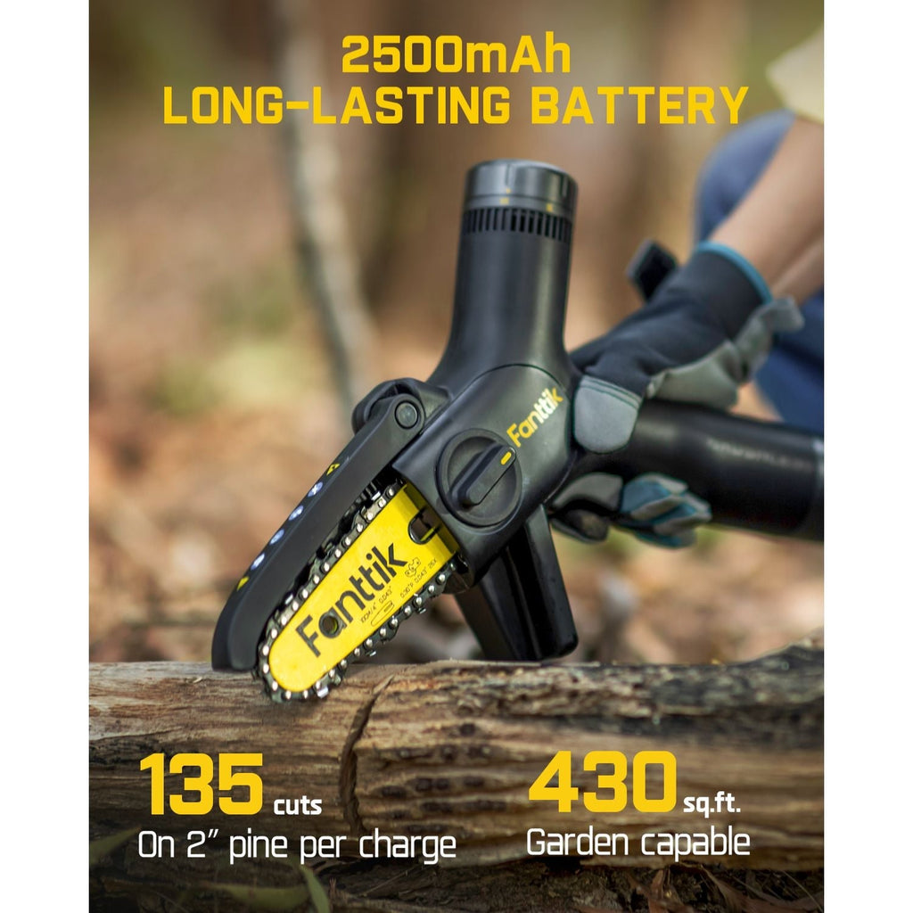 Fanttik W10 APEX mini chainsaw cutting wood, featuring 2500mAh battery, 135 cuts per charge, and 430 sq.ft garden capability.