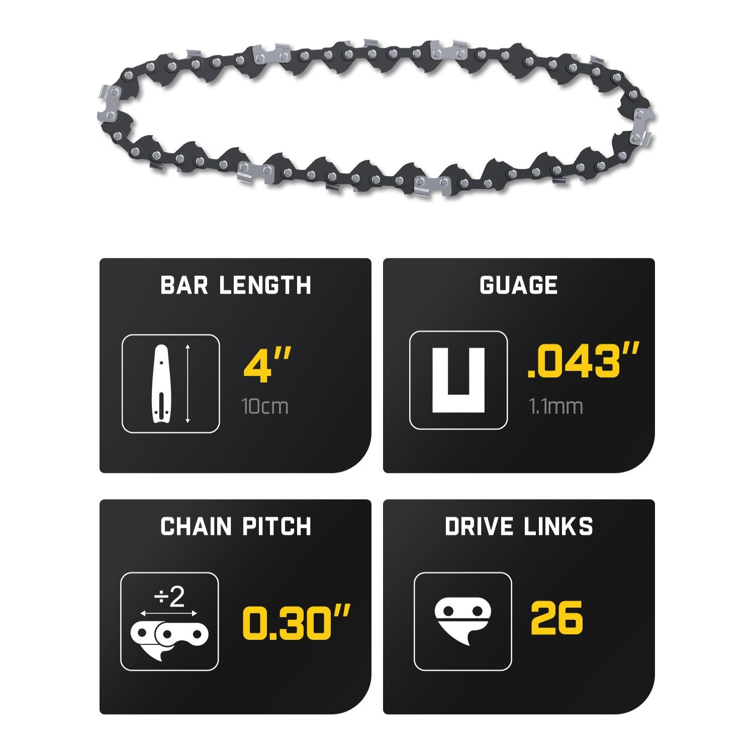 Fanttik W101 4-inch mini chainsaw chain with 0.043" gauge, 0.30" pitch, and 26 drive links.