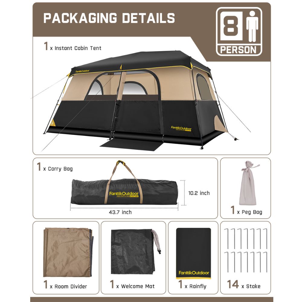 FanttikOutdoor Zeta C8 Pro Max 8-person tent packaging includes tent, carry bag, room divider, welcome mat, rainfly, and stakes.