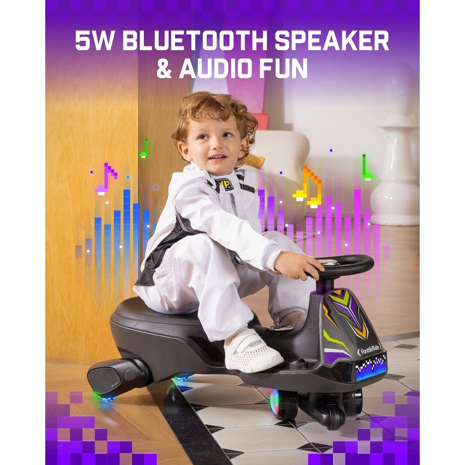 A young child wearing a white tracksuit sits on a black 5W Bluetooth ride-on toy car with colorful LED lights and a steering wheel, set in a living room with digital audio visual effects and purple text overlays.
