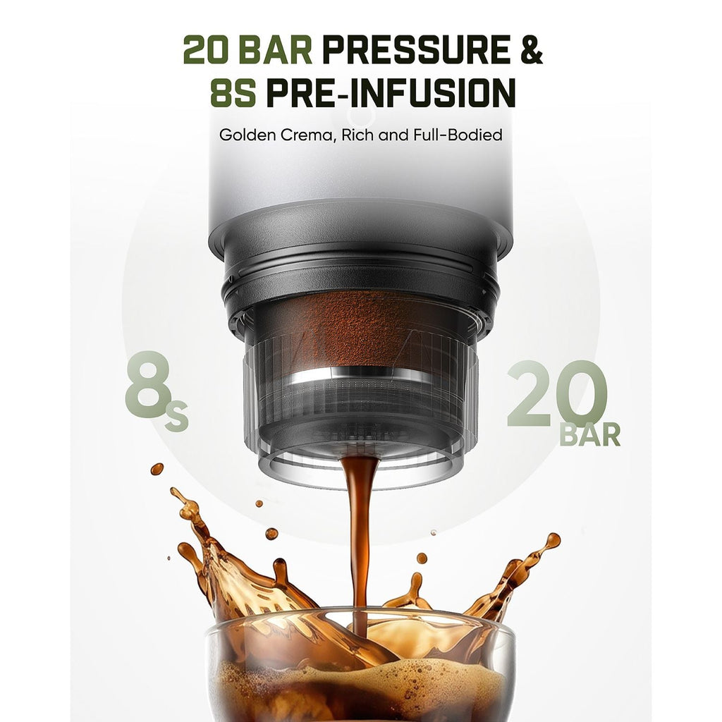 Fanttik Cafein 11 Portable Coffee Machine with 20 bar pressure and 8s pre-infusion, showing coffee being poured into a glass.
