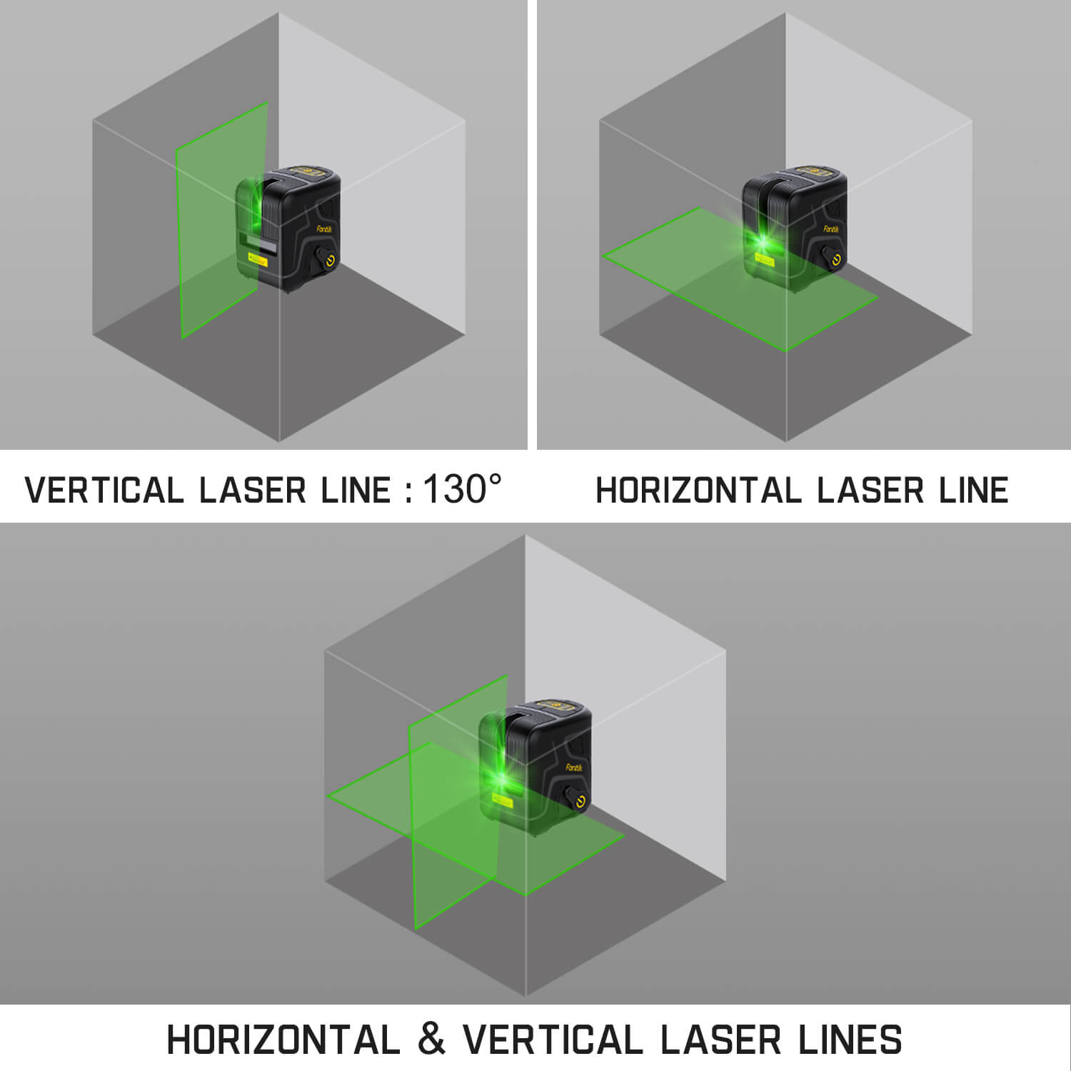 Fanttik D2 PLUS laser level projects vertical 130° and horizontal green lines for precise alignment.