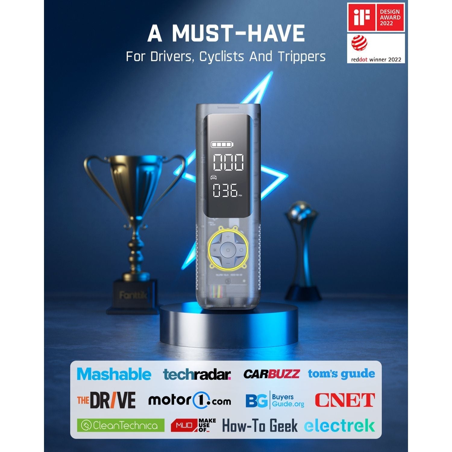 Fanttik X8 APEX tire inflator, mechanical gray. Award-winning design, digital PSI display, featured on top tech sites.