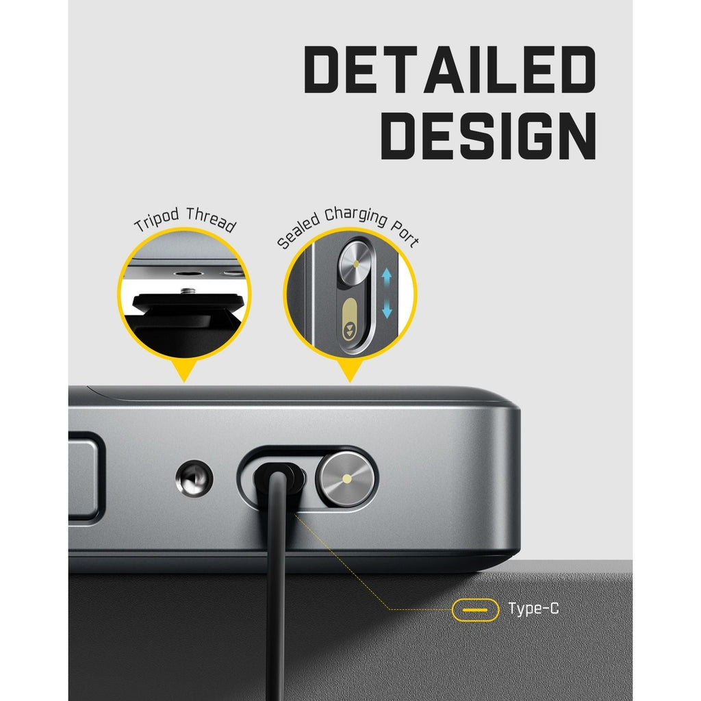 Fanttik A10 Apex laser distance meter side view with tripod thread, sealed charging port, and Type-C port