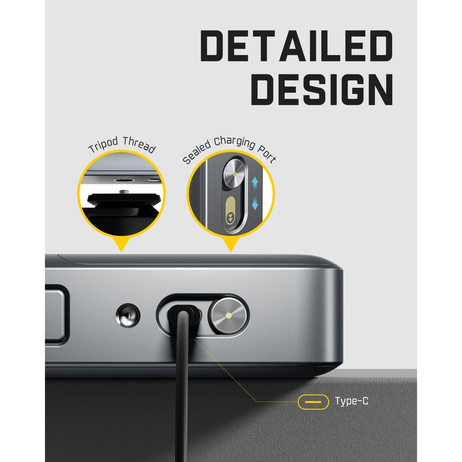 Fanttik A10 Apex laser distance meter side view with tripod thread, sealed charging port, and Type-C port