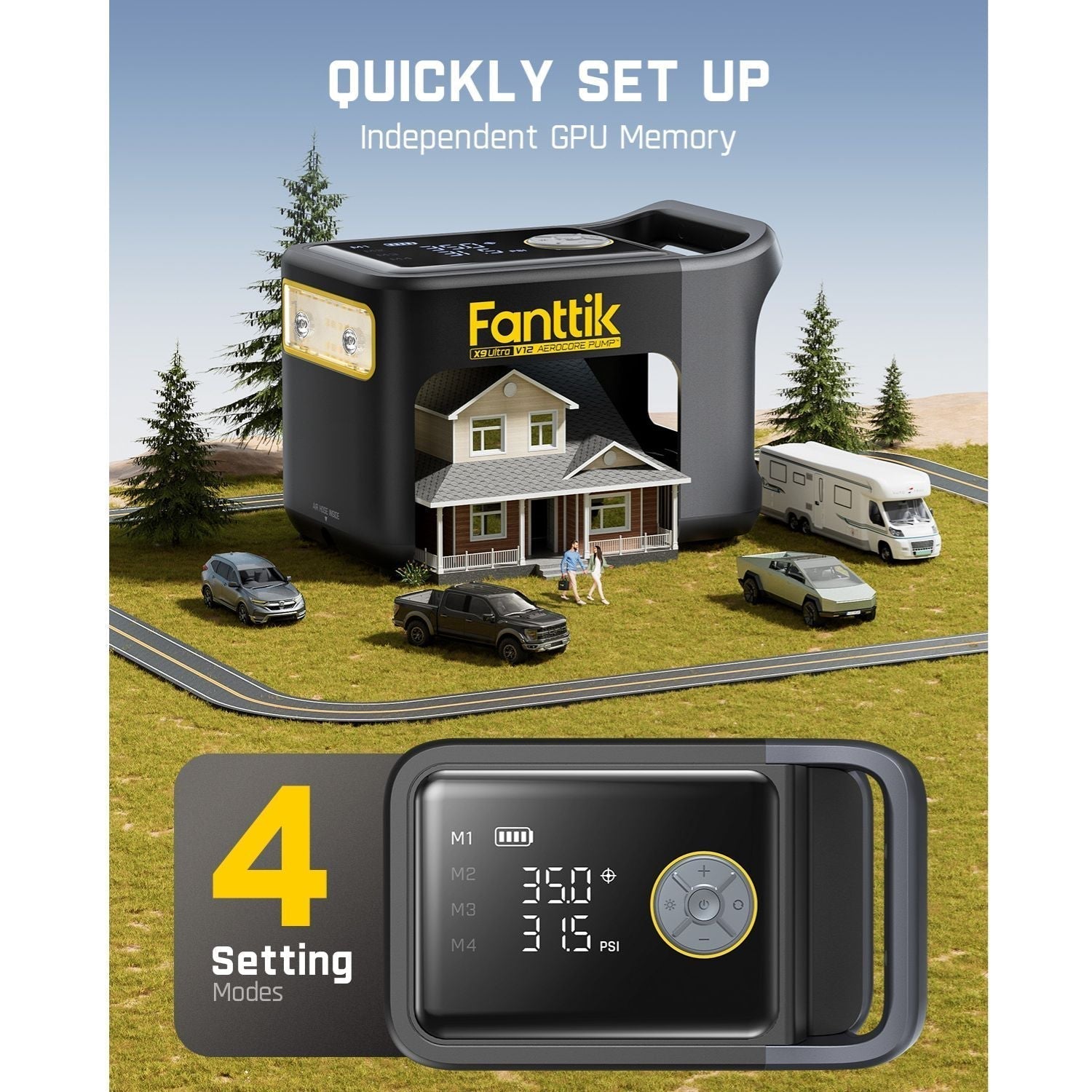 Fanttik X9 Ultra tire inflator with 4 setting modes, showing 35.0 PSI and 31.5 PSI on display, suitable for cars and RVs.