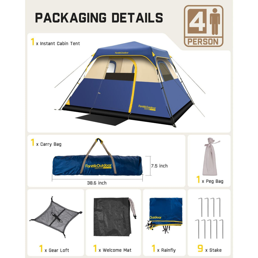 FanttikOutdoor Zeta C4 Pro 4 person tent packaging: tent, carry bag, gear loft, mat, rainfly, stakes, peg bag.