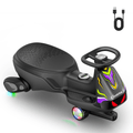 Black electric ride-on toy car with colorful neon graphic accents, LED lights, a steering wheel, and a USB charging cable shown in the top right corner.