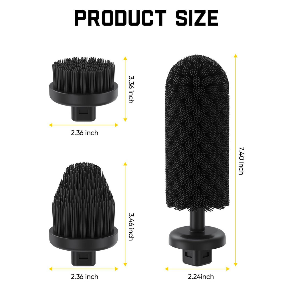 Fanttik replacement brush heads size chart showing three black scrubber heads with dimensions