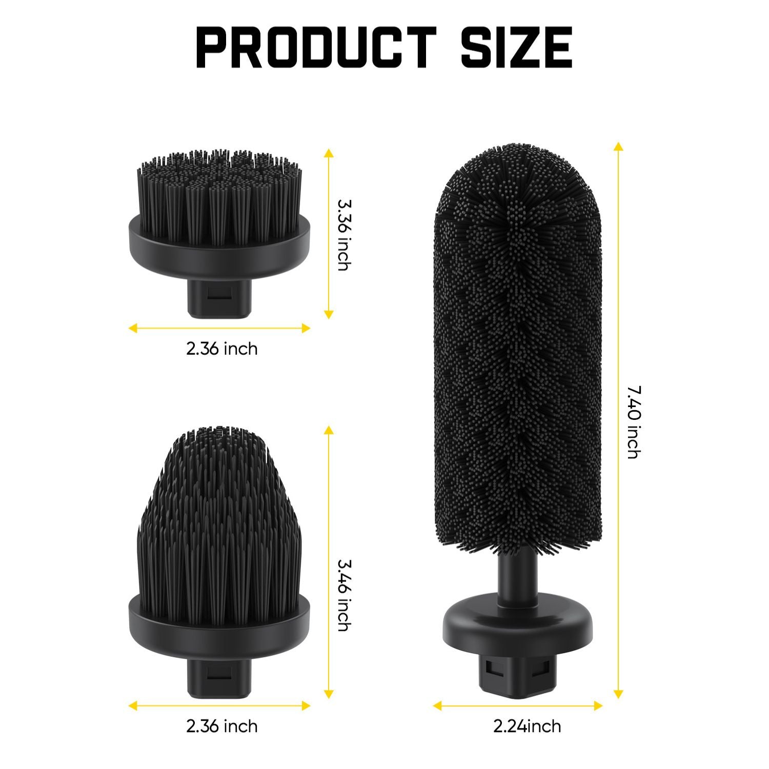 Fanttik replacement brush heads size chart showing three black scrubber heads with dimensions