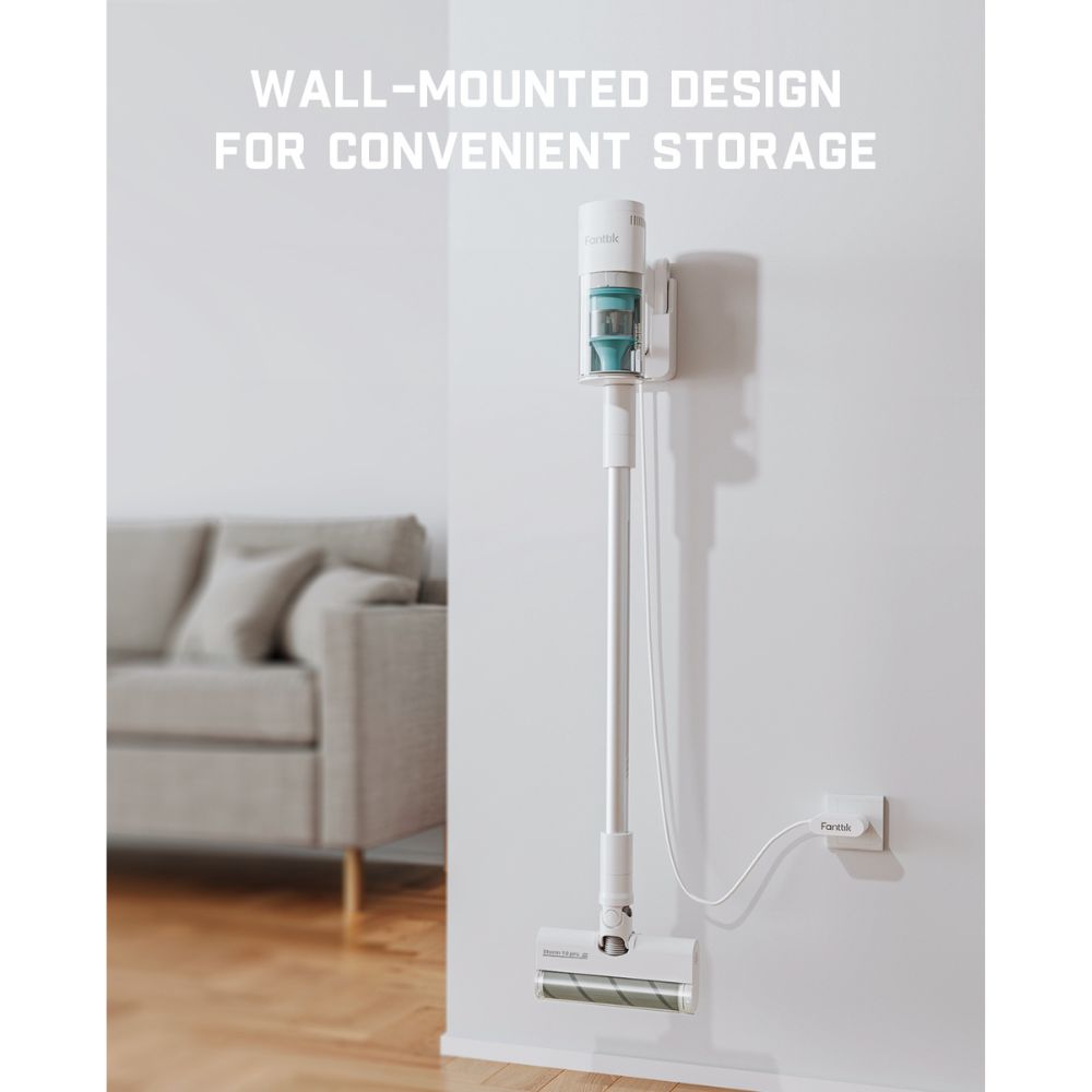 Fanttik Storm 10 Pro cordless stick vacuum cleaner mounted on a wall for convenient storage. Features wall-mounted design.