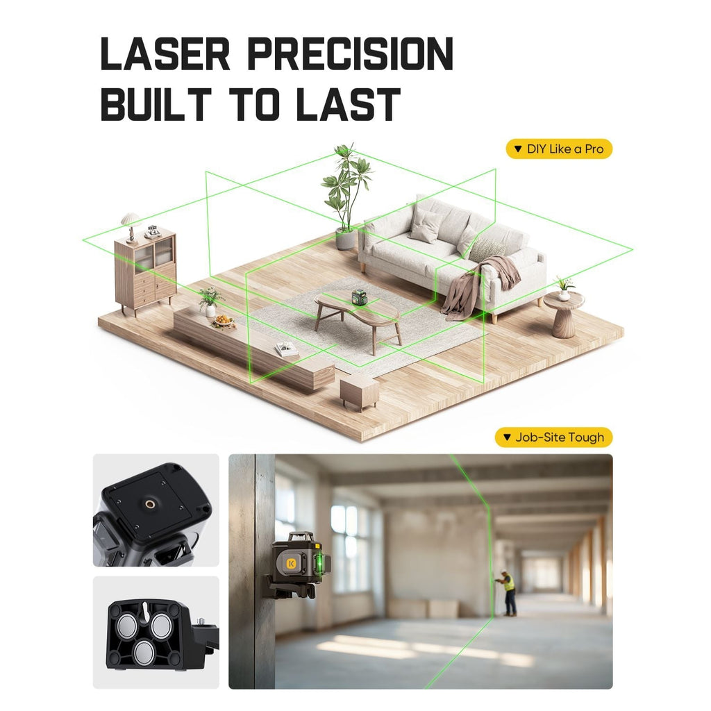 Fanttik D12 Ace laser level: 360° green lines for DIY & job sites. Durable, magnetic mount included.