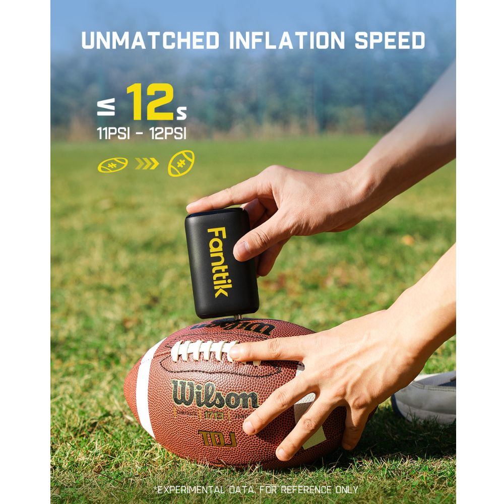 Fanttik X9 Nano electric ball pump inflates Wilson football in 12 seconds from 11 to 12 PSI.