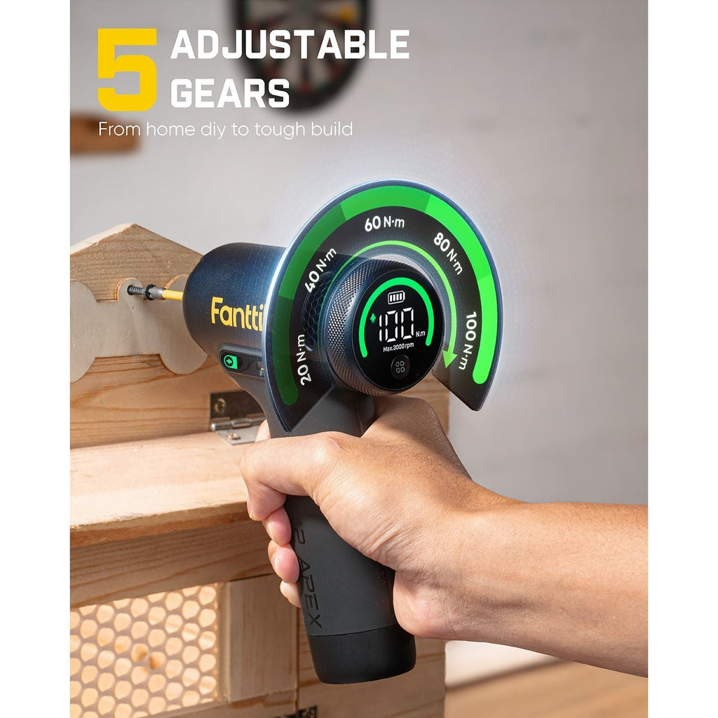 Fanttik REX K2 APEX impact driver with 5 adjustable gears driving a wood screw