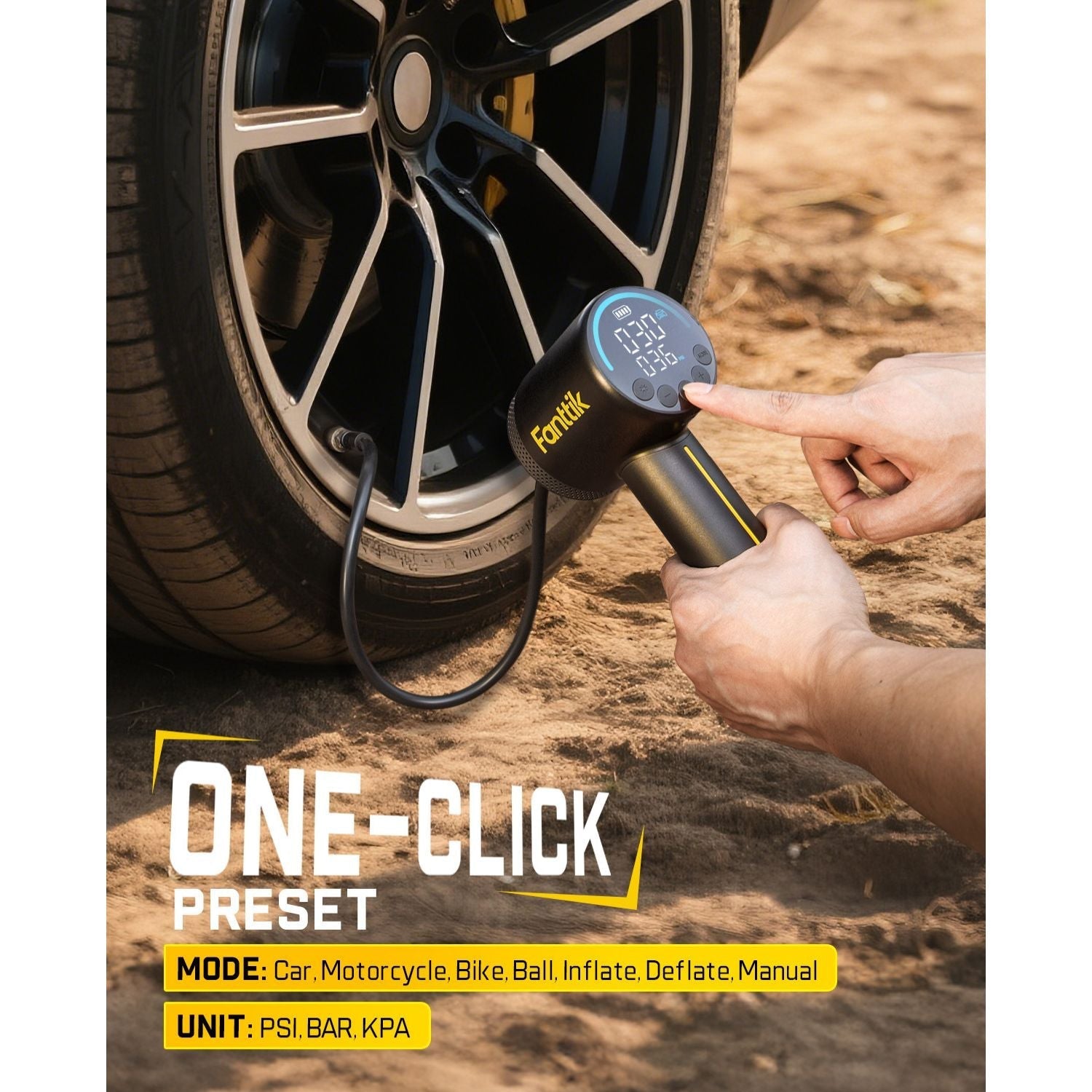 Fanttik X9 Classic tire inflator checking car tire pressure. Features one-click presets: Car, Motorcycle, Bike, Ball, Inflate, Deflate, Manual. Units: PSI, BAR, KPA.