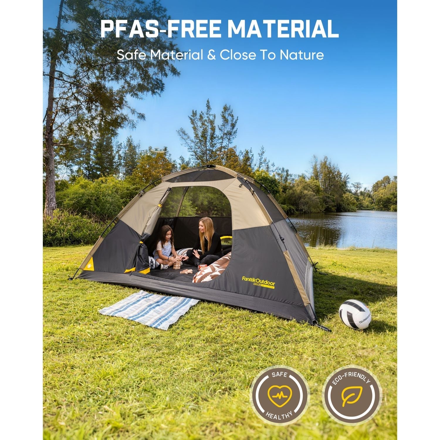 FanttikOutdoor dome camping tent on grass by lake, PFAS-free material, eco-friendly