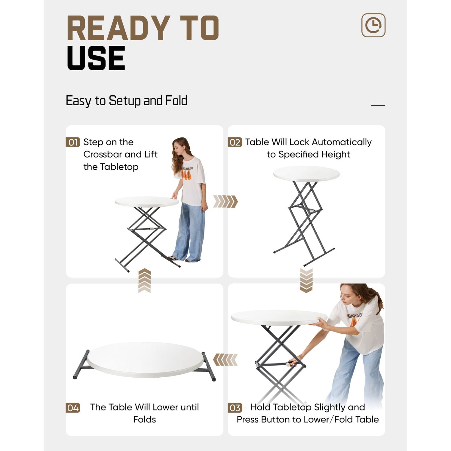 FanttikOutdoor Zeta O3 Pro folding table setup and folding guide with four steps and illustrations.