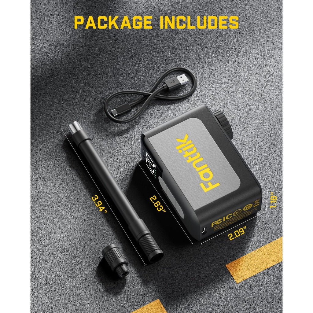 Fanttik X10 Ace mini bike pump package contents: pump, hose, and USB-C charging cable.