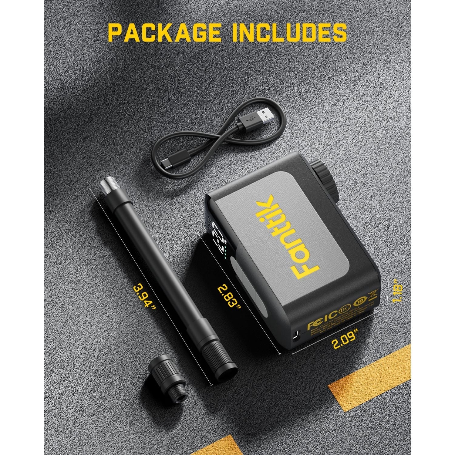 Fanttik X10 Ace mini bike pump package contents: pump, hose, and USB-C charging cable.
