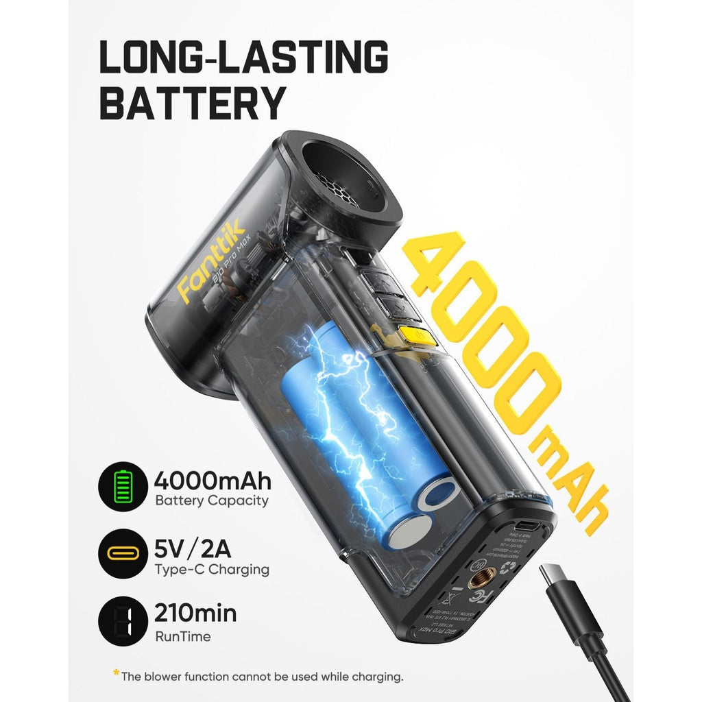 Fanttik B10 Pro Max air duster: 4000mAh battery, 5V/2A Type-C charging, 210 min runtime.