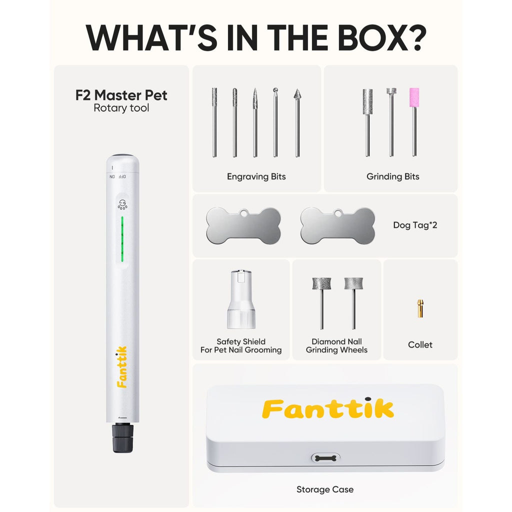 Fanttik F2 Master Pet rotary tool kit with engraving bits, grinding wheels, dog tags, safety shield and storage case