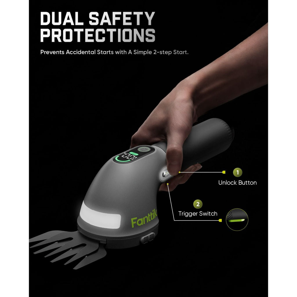 Fanttik Z10 Pro hedge trimmer with dual safety protections, unlock button and trigger switch