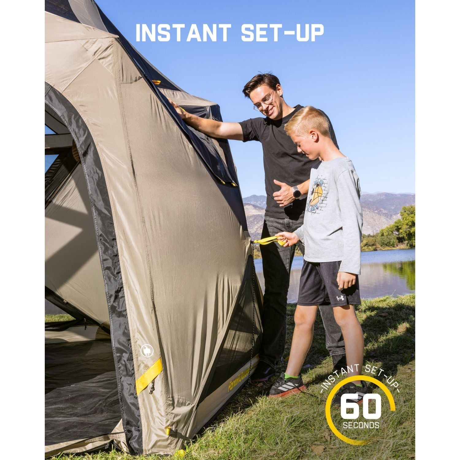 FanttikOutdoor Alpha C6 Ultra instant cabin tent set up in 60 seconds by a man and boy.