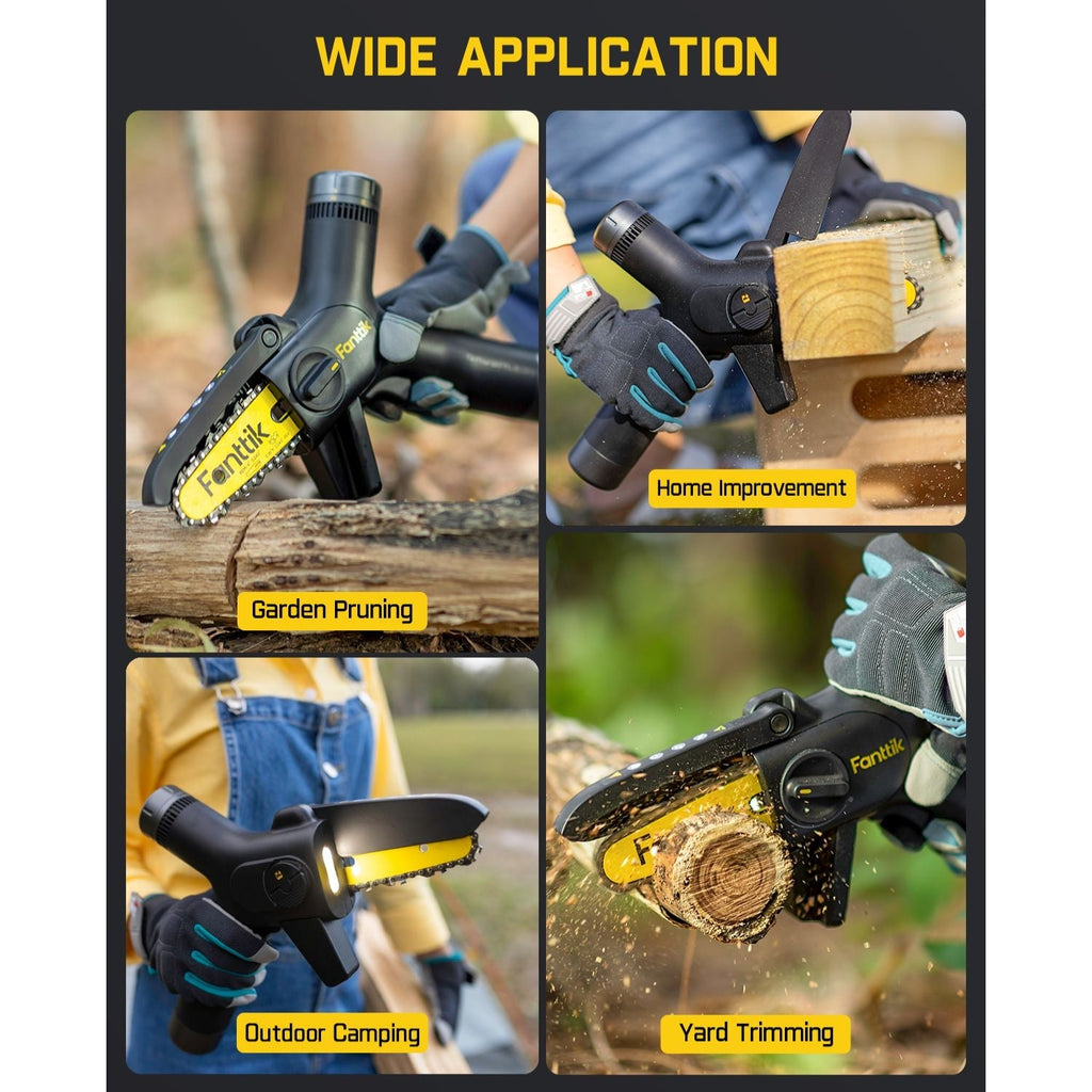 Fanttik W10 APEX mini chainsaw for garden pruning, home improvement, camping, and yard trimming.