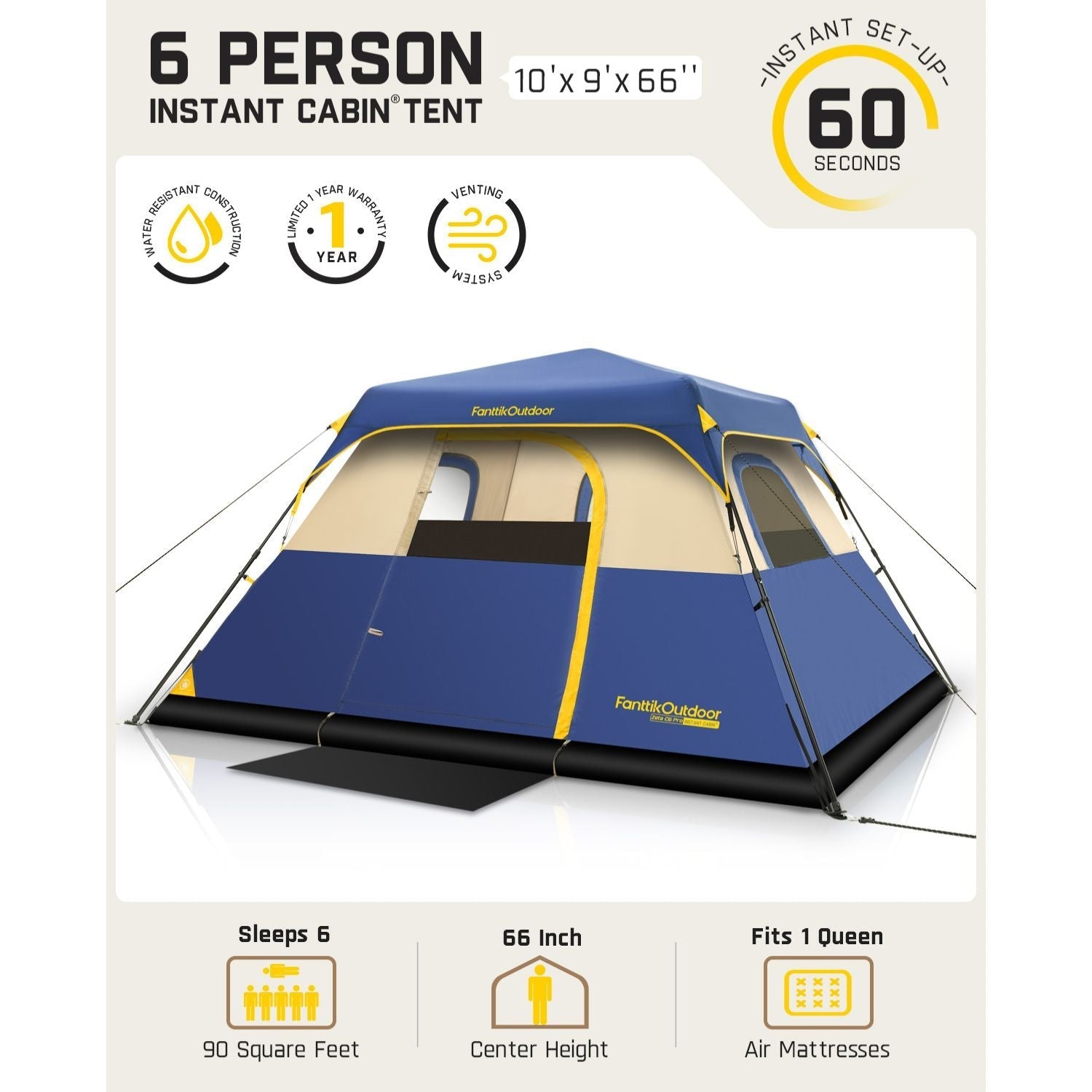 FanttikOutdoor Zeta C6 Pro 6-person instant cabin tent: 10'x9'x66", sleeps 6, 90 sq ft, 66" height, fits 1 queen air mattress. Water resistant, 1-year warranty, 60-sec setup.
