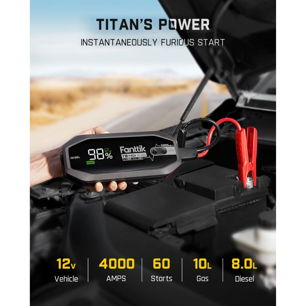 Fanttik T8 MAX 4000 Amp jump starter with 98% charge. Features Titan's Power, 12V, 4000 Amps, 60 starts, 10L Gas/8.0L Diesel.