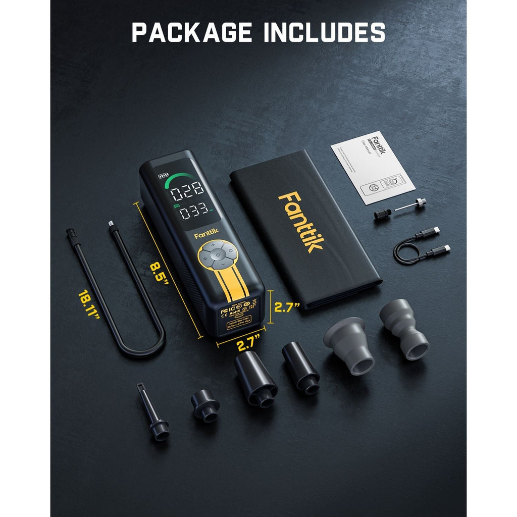 Fanttik X10 Cross tire inflator package contents: inflator, case, manual, nozzles, and cables.